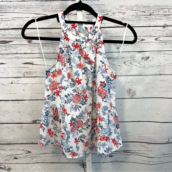 Pink Rose Floral White Red Blue Print Halter Neck Tank Top Blouse Small NWT - Picture 1 of 8